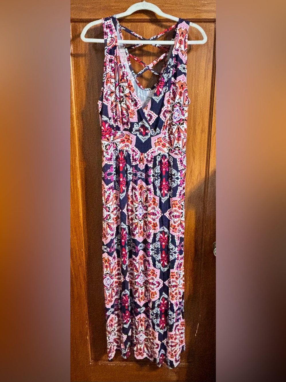 Loveappella Navy Pink Orange Patterned Maxi Dress